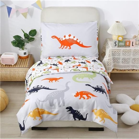 4-Piece Toddler Bedding Set - Ultra Soft Cartoon Jurassic Dinosaur Print Boys